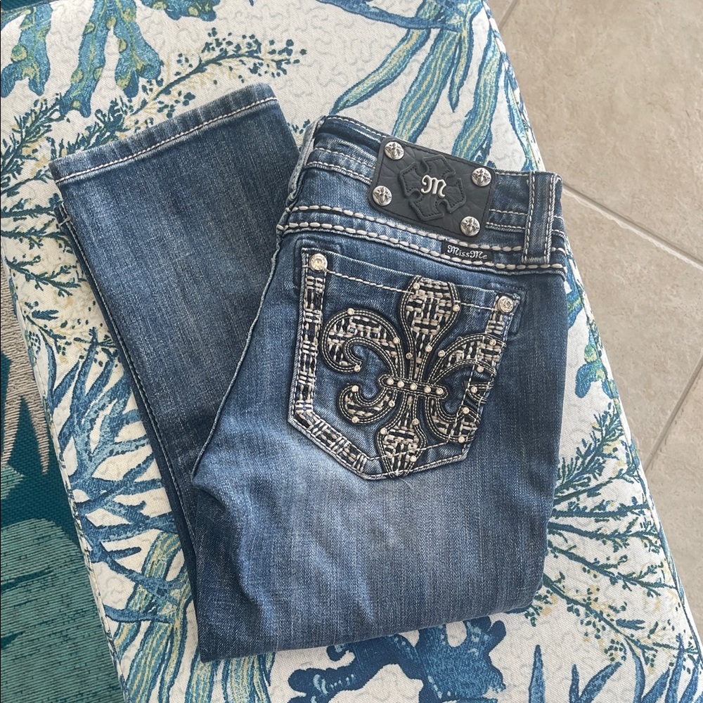 Miss Me Blue Jean Capri with Embellished Pocket